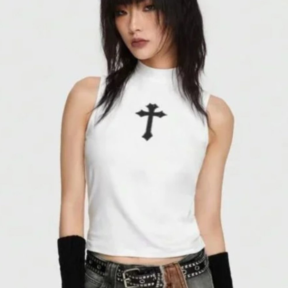 Goth Gothic White Mock Neck Tank with Cross Size Large  NEW NWT